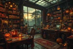 steampunk, ornate, detailed, hyperrealistic, 8k, high quality, award-winning photography, warm, 
score_9, score_8_up, score_7_up, photography, photorealism, UHD, highly detailed, realistic, extremely detailed, photorealistic, books on shelves in a solarium at dusk in autumn mist, halloween decorations and candy on a table