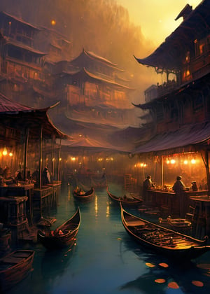 Floating market on Venus at dawn, masterpiece, fantasy, digital art, highly detailed, overall detail, atmospheric lighting, Awash in a haze of light leaks reminiscent of film photography, awesome background, highly detailed styling, studio photo, intricate details, highly detailed, cinematic, ,