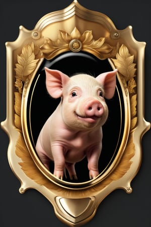 Masterpiece, realistic. High quality. Detailed. Badge. Pig
, golden frame,   black background, detailed paws
