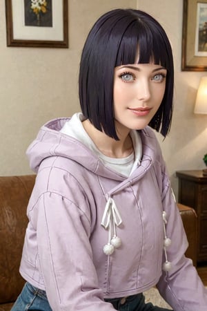 1girl , relaxed  , smile , in the living room , at home , 
BREAK , 
score_9, score_8_up, score_7_up, score_6, score_5, score_4, ( masterpiece , ultra Detailed face ) , 
ChopioHinataBoruto , black hair ,  white eyes , lips , 
medium hair, purple hair, shiny hair, bob cut, blunt bangs, no pupils,
outfit_1, lilac hoodie,