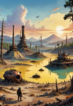 clouds, sunset, cosmic rays, post apocalyptic, city ruins, (giant crater, deep bomb crater:1.2), skeleton of giant mining machinery, wide shot, trees, mountain background, dirty lake, (tiny boats and fishermen:0.7) far away, (toxic wastes. sulphur lakes:1.2), dead trees, dead birds on ground,