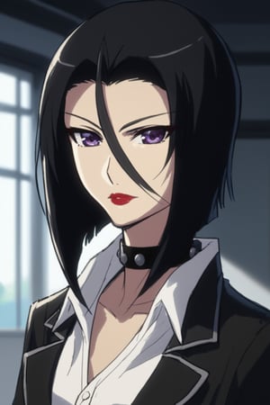 score_9,score_8_up,score_7_up,Yuri Nikaidou (The World God Only Knows) , 1girl, , black hair, black jacket, black nails, card, closed mouth, collared shirt, dress shirt, short hair, black hair,, jacket, , long sleeves, looking at viewer, purple eyes,lipstick, hair between eyes,lipstick, choker, belt,, shirt, solo, twin drills, upper body, white shirt ,scenery,ClrSkt,,yuri nikaidou