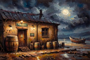 Painting of pub building in a desolate village in 1930s. Barrels standing close to the door. Old fishing boat leaning against the wall. Rainy, moonless night.  oil painting,  palette knife painting