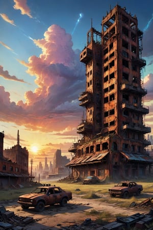 clouds, sunset, cosmic rays, post apocalyptic, city ruins, carcass of giant machinery,