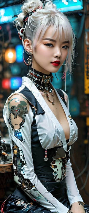 (by Carne Griffiths, Conrad Roset), 1girl,cyborg,android,mechanical, mechanical parts, mechanical joints, solo, sitting in a cyberpunk club,looking at viewer, short hair, bangs, , jewelry,, white hair, earrings, japanese seethrow clothes, , choker,  seethrow kimono,pleasure android, black choker, cyberpunk, smoke, cigarette, plastic kimono,sexy, smoking, egasumi m3,Dark Manga of,Dark Anime of,anime,see-through kimono,schpicy style