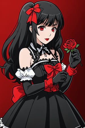 sticker_layout, goth girl,(((ayako kuroba))), long hair, bangs, black hair, hair ornament, red eyes, hair ribbon, hair flower, blunt bangs, rose, drill hair, lipstick, red flower, red rose, red lips,gloves, dress, bow, bare shoulders, collarbone, frills, detached sleeves, black gloves, elbow gloves, black dress, halterneck