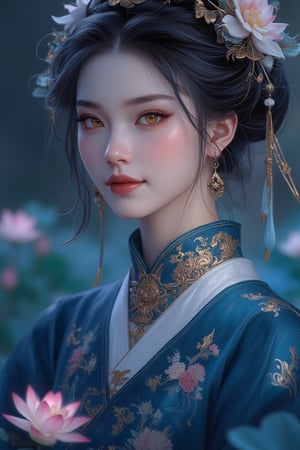 (ancient traditional Chinese lady),(ultra-fine deep Ultramarine HDR),lacquerwork,fusuma picture,extremely delicated and beautiful,8K,faint smile,Matte color,(realistic Style),(beautiful detailed eyes:1.2),Lotus flowers,an indescribable atmosphere,