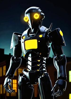 black Raven robot, at night, frontal view, yellow glow in the dark color scheme,documentary style realism, responsibility, high saturation, dark atmosphere,scary atmosphere, Junji lTO, Chinese Punk,  