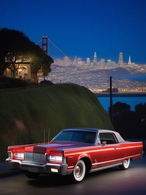 Ford Lincoln,In the foreground, a gleaming, exhibition-quality Ford Lincoln catches the light, its chrome sparkling. Behind it, the iconic San Francisco streets rise steeply, with the unmistakable silhouette of a brightly colored cable car clinging to the tracks high above.