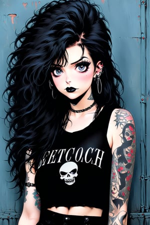 fullbody, Female goth with pale skin, long straight black hair, dressed in black ripped jeans with a black cropped tanktop, sunglasses, black lipstick, tattooed, tattooed face, tattooed body,