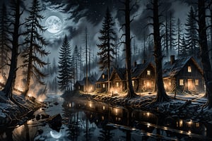 Transports viewers to a haunted, remote ghost town shrouded in darkness, where huge trees in a dark forested area behind the houses, water flowing from a small stream and spectacular apparitions hover among the swirling mist, evoking a sense of otherworldly horror. Tense, eerie, and dark only moonlight, candlelight, ink painting, illustration, photo-realistic, realistic, long shot