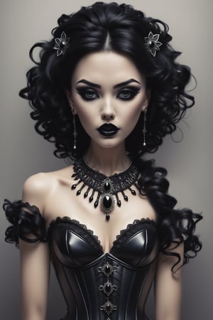 combine all of the below to make a beauty,necklace,hair ornament, jewelry,black corset, black hair,,black eyeliner,black makeup,black lipstick,