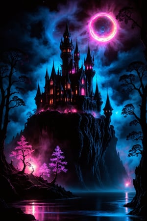 masterpiece of high-contrast shadow and light, a gothic castle sitting on edge of a forbidden mystical forest, moonlight, (fog and moonbeams:1.2), (pure black:1.3), and (darkness:1.3), mysticism, fantasy, gothic horror, glowing flora, magical phenomena, ultra realistic painting, intricate, High Detail, Sharp focus, realism, darkness.
