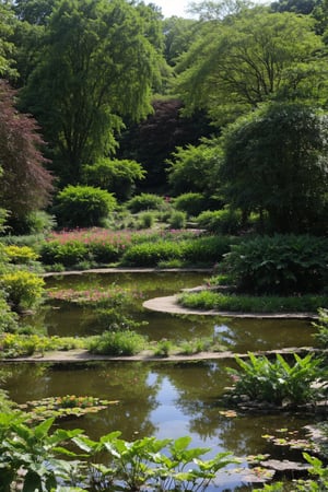 real world location, no humans, photo realistic scene of botanic garden small pond during midday, there is green vegetation around,