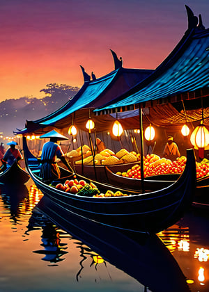 Floating market on Venus at dawn, masterpiece, fantasy, digital art, highly detailed, overall detail, atmospheric lighting, Awash in a haze of light leaks reminiscent of film photography, awesome background, highly detailed styling, studio photo, intricate details, highly detailed, cinematic, ,