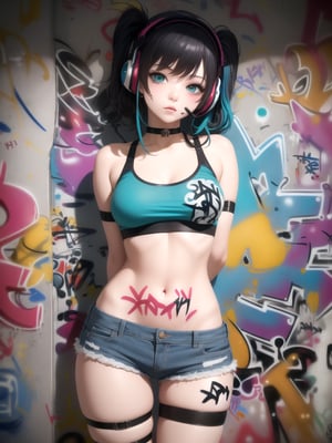 masterpiece, best quality, 1girl, solo, crop top, denim shorts, choker, (graffiti:1.5), paint splatter, arms behind back, against wall, looking at viewer, armband, thigh strap, paint on body, head tilt, bored, multicolored hair, aqua eyes, headset,