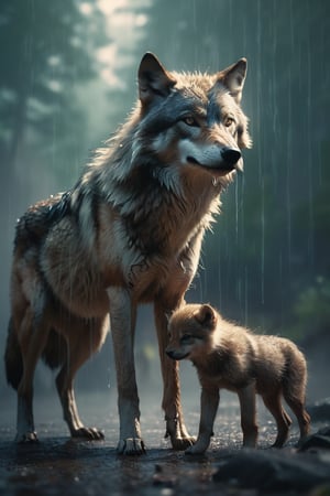 Summer rain cascading down in sharp focus on a wolf with its cubs, surrounded by a haze, captured with the ultra-detailed essence of film photography featuring light leaks, inspired by the intricate style of Greg Rutkowski, studio photo, trending on ArtStation, intricate details, highly detailed, cinematic.