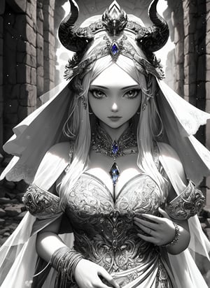 (bride,goddess),(Ancient ruins ),(Black and white entanglement),(silver and crystal entanglement),8k Ultra HD,masterpiece,intricate details,dragon head,dragon, , (hands behind the head),