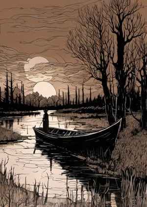 linquivera, Ink illustration, (anime:0.5), brown tones, aged black red paper, inkpunk, moonlight,surreal, a ghost standing on a boat in swampy wetlands, (at a distance), Will-o'-the-wisp, moonlit, lonely, solitude, windy, tall trees, willows, willowy, OverallDetail, extremely detailed, UHD,(long exposure , dystopian but extremely beautiful:1.4), ,,  , , 