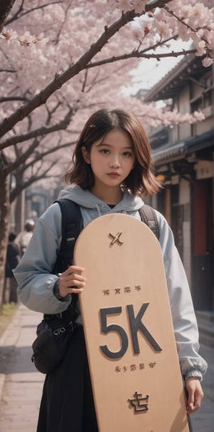 film photography aesthetic, film grain, cinematic, A girl holding a board that says (("" 5 K "")) , cinematic lighting,background cherry blossoms Cosmic

