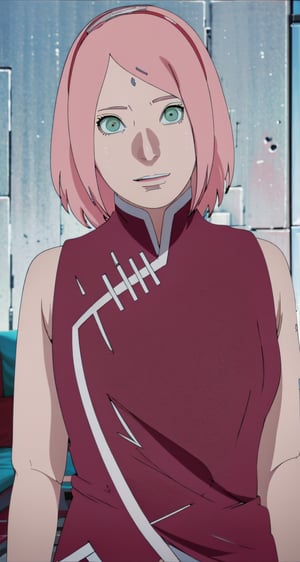 Super-realistic full-length Fashion photoshoot of a pink haired mature female, sakura\(boruto\) as a fashion model woman, perfect face, perfect nose, perfect green eyes, perfect lips, with (Pink wavy semi-long hair, bangs), wearing two-piece nightgown, happy expressions, low key image, sharp texture, 4k, 8k, shot with Canon EOS 5D Mark III, 50mm, f/8, realistic face and body, upper body closeup, big breasts, standing