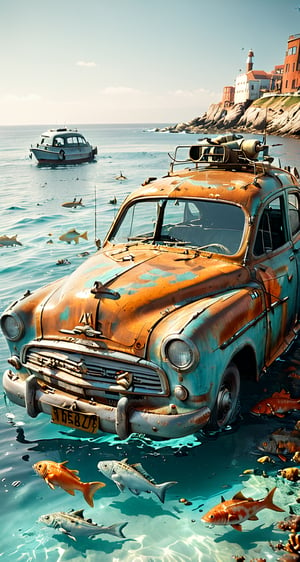 Voiture sous l'eau, rouille, recouvert par des alges, au fond de la mer, voiture des années 50, avec des poissons qui nagent autour. L'image est net et en haute resolutions.[Voiture] [sous l'eau] [rouillée] [mer] [poisson] [algue]