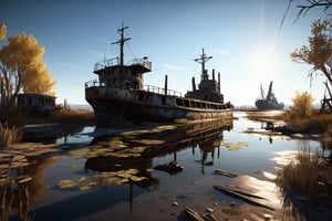 stalker game, reed estuary with abandoned ships, metro exodus, fallout 4, cinematic backlighting, magical deep shadows, ultra-realism