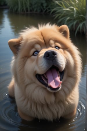 Chow-chow breed, Dog inside a pond, poking its head out of the water with a frightened and distressed expression. Extreme dynamic close angle. You've got joyless eyes Softly contriving All the terrible things That shook up our hearts at night by Tim Burton and Tara McPherson.
Chow-chow breed, Luxurious lion's mane, a slightly frowning expression on the muzzle and a purple tongue, Blue oval eyes of medium size, the pupil is clearly visible, a red dog with its tongue hanging out . a lot of wool, 4 paws, close-up