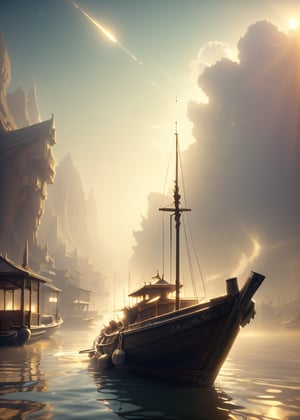 Floating market on Venus at dawn, masterpiece, fantasy, digital art, highly detailed, overall detail, atmospheric lighting, Awash in a haze of light leaks reminiscent of film photography, awesome background, highly detailed styling, studio photo, intricate details, highly detailed, cinematic, ,