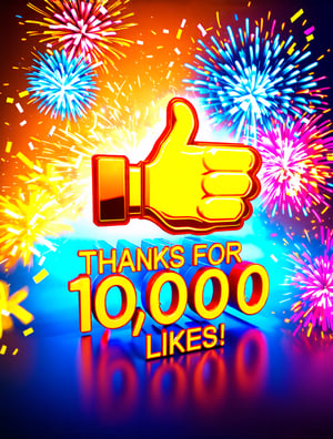 A vibrant digital sign bursting with celebratory flair, rendered in bold, 3D graphics, featuring a gleaming thumbs up icon hovering above the words text as "Thanks for 10,000 likes!" in a futuristic, metallic font, surrounded by swirling confetti and fireworks explosions in shades of electric blue, hot pink, and sunshine yellow, set against a radiant, gradient background that shifts from bright orange to sky blue, evoking a sense of excitement, joy, and community, with subtle, metallic reflections adding a touch of glamour and sophistication,