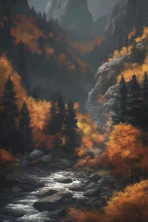 desolate, autumnal mountain range, fiery oranges and deep umbers dominate the landscape, wild foliage clashes with jagged rock formations, a torrential river carves through the wilderness, eerie stillness permeates the atmosphere, every element meticulously rendered in high detail, style of Ash Thorp and Ian McQue.