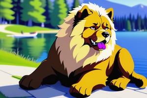 Chow-chow breed, Luxurious lion's mane, a slightly frowning expression on the muzzle and a purple tongue, Blue oval eyes of medium size, the pupil is clearly visible, a red dog with its tongue hanging out sits near the lake. a lot of wool, 4 paws, close-up, SUNNY WEATHER,