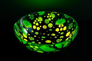 RAW Photo of HalloweenGlowStyle Green decorative bowl, (Masterpiece:1.3) (best quality:1.2) (high quality:1.1)