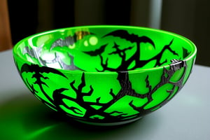 RAW Photo of HalloweenGlowStyle Green decorative bowl, (Masterpiece:1.3) (best quality:1.2) (high quality:1.1)