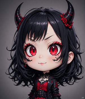Masterpiece, 4K, ultra detailed, chibi anime style, joyful dark Satan girl with goth makeup, SFW, depth of field, Details,