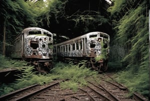 on a post-apocalyptic ghostly train yard, overgrown tracks, rusting graffiti-covered trains, ., by David LaChapelle,  SZ_4po enviroment