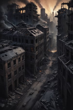 apocalyptic city, bird's eye view, giant factories and buildings are destroyed, everything is contaminated with radiation, civilization is destroyed, dark, sewer, melancholic, bold pencil outline, professional art, high detail, intricate detail, high resolution, steam