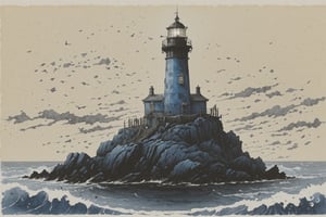 Lighthouse, aesthetic, extremely detailed, Daniel Merriam, by john blanche, M. C. Esher, ink drawing, dirty ink, frostpunk, lighthouse, blue ink ocean, lighthouse on an island, black ink