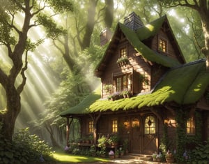 "((Quaint cottage)), ((lush forest canopy)), ((curious girl)), ((fantasy escapade)), ((mystical mist)), ((sunbeams filtering through)), ((painting-like detail)), ((ethereal hues)), ((whimsical ambiance)), ((masterpiece of enchantment))"