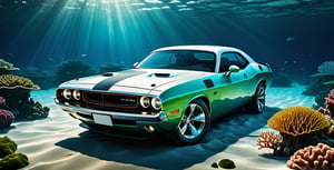 There&#39;s a Dodge Challenger III Restyling 2 2015 at the bottom of the ocean, surrounded by marine life. Light breaks through the water, creating mystical lighting. ((((The car is partially covered with seaweed and coral, which emphasizes his prolonged stay under water)))). A variety of fish and other marine life swim around. Details for creating a picture: Main object: sports car (Dodge Challenger III Restyling 2 2015). (((Clean lines and modern car design, but with elements of corrosion and fouling by algae and corals.))) ambient: Ocean floor, covered with sand and stones. Marine flora: algae, armed, sea grass. Marine fauna: various types of fish, Maybe, small sharks, Jellyfish. Lighting & Atmosphere: Scattered light, penetrating through the water from above, creating soft light rays. Shadows & Depth, giving the image realism. Bluish and greenish shades, characteristic of the underwater environment. Additional elements (Optional): Shipwrecks or old chests in the distance to add ambience. little air bubbles, rising from the car. Style and mood: Realistic style with high detail. Mystical and slightly mysterious atmosphere. Combination of modern and natural. Technical specifications: a high resolution. Realistic stylization. Detailed elements of the car and the underwater world. Effective use of light and shadow to create depth and realism.