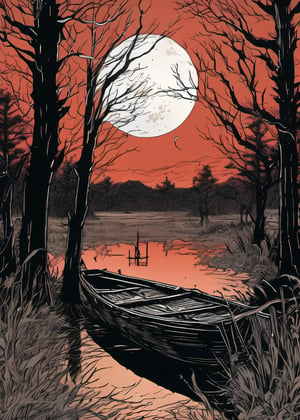 linquivera, Ink illustration, (anime:0.5), brown tones, aged black red paper, inkpunk, moonlight,surreal, a ghost standing on a boat in swampy wetlands, (at a distance), Will-o'-the-wisp, moonlit, lonely, solitude, windy, tall trees, willows, willowy, OverallDetail, extremely detailed, UHD,(long exposure , dystopian but extremely beautiful:1.4), ,,  , , 