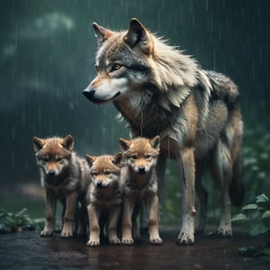 Summer rain cascading down in sharp focus on a wolf with its cubs, surrounded by a haze, captured with the ultra-detailed essence of film photography featuring light leaks, inspired by the intricate style of Greg Rutkowski, studio photo, trending on ArtStation, intricate details, highly detailed, cinematic.