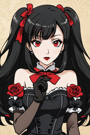 sticker_layout, goth girl,(((ayako kuroba))), long hair, bangs, black hair, hair ornament, red eyes, hair ribbon, hair flower, blunt bangs, rose, drill hair, lipstick, red flower, red rose, red lips,gloves, dress, bow, bare shoulders, collarbone, frills, detached sleeves, black gloves, elbow gloves, black dress, halterneck