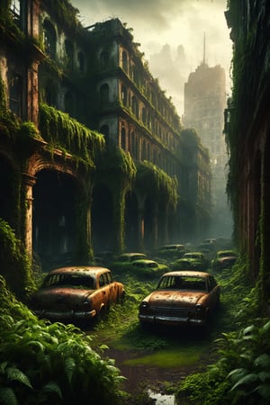 best quality, extremely detailed, 4k, wide shot, After humanity has gone, big city in ruins, overgrown by lots of green plants, streets full of rusty cars, eerie, gloomy, scary atmophere, HellAI, LegendDarkFantasy
