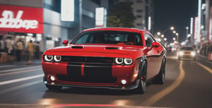 solo, night, no humans, ground vehicle, motor vehicle, car, motion blur, vehicle focus, jdm car, jdm, the car: red and black, model of the Dodge Challenger III Restyling 2 2015 modified for street racing in japan, cinematic lighting, cinematic view