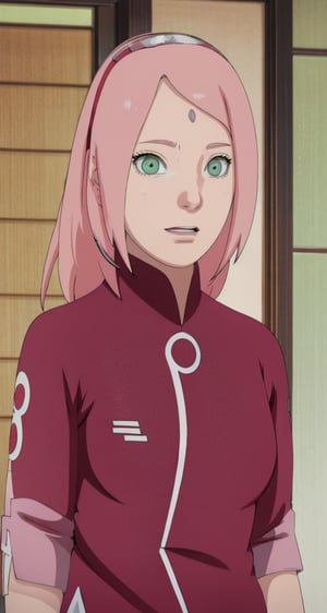 Super-realistic full-length Fashion photoshoot of a pink haired mature female, sakura\(boruto\) as a fashion model woman, perfect face, perfect nose, perfect green eyes, perfect lips, with (Pink wavy semi-long hair, bangs), wearing two-piece nightgown, happy expressions, low key image, sharp texture, 4k, 8k, shot with Canon EOS 5D Mark III, 50mm, f/8, realistic face and body, upper body closeup, big breasts, standing