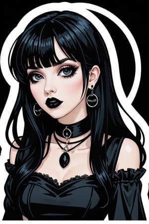 sticker_layout, bust, goth girl, long black hair, bangs hair, black lipstick, hoop earing, choker, black dress,