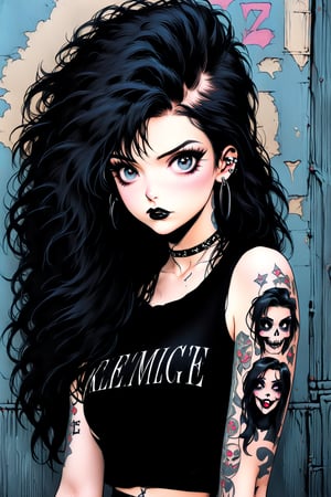 fullbody, Female goth with pale skin, long straight black hair, dressed in black ripped jeans with a black cropped tanktop, sunglasses, black lipstick, tattooed, tattooed face, tattooed body,