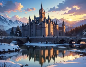 fantasy art, RPG art, photographic, National Geographic quality picture, award winning, (Best Detailed: 1.5), (best quality: 1.5) picture of an epic castle near the lake at dawn, the Middle ages castle is master crat artistry, there are (4 towers: 1.2), (massive walls: 1.2), (barbicans: 1.2), (flags: 1.2), ( a bridge: 1.2), the entire castle is being reflected in the lake in a perfect image (Best details, Best quality: 1.5), the lake is calm and placid, its dawn, the sun is rising, there some light clouds in the sky, and sun rays, behind the castle there is a missive snowy mountain as background best quality, (extremely detailed), ultra wide shot, photorealism, depth of field, hyper realistic, 2.5 rendering,