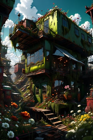 style by Terry Redlin,best quality,high resolution,extremely detailed,8k,dynamic angle, vray engine,creative,unconventional,creative dystopic, sky-land realism dreamlike floating cyberpunk,glass architecture masterpiece inspired by ,green floral,cliff realistic junkyard nature by Thomas Cole,huge busy maximalist scene